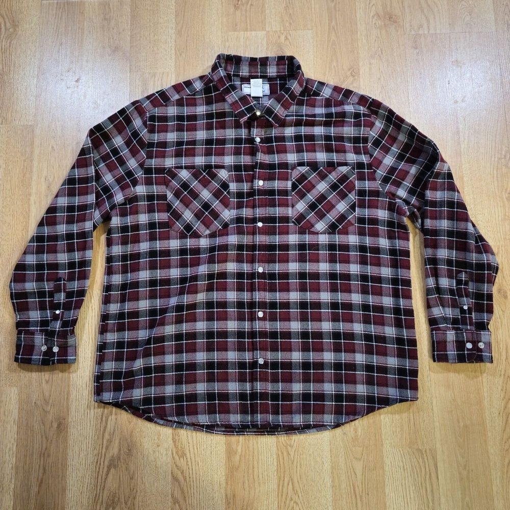 Vintage Haband Casual Joe Flannel Shirt Mens XL Burgundy Black Plaid Pearl Snap
